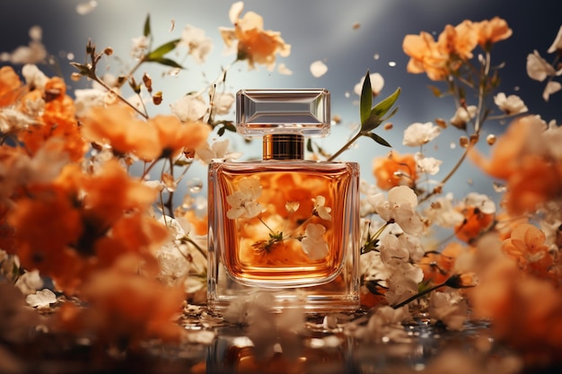 Highdefinition imagery of perfume and flowers in midair minimalist backdrop