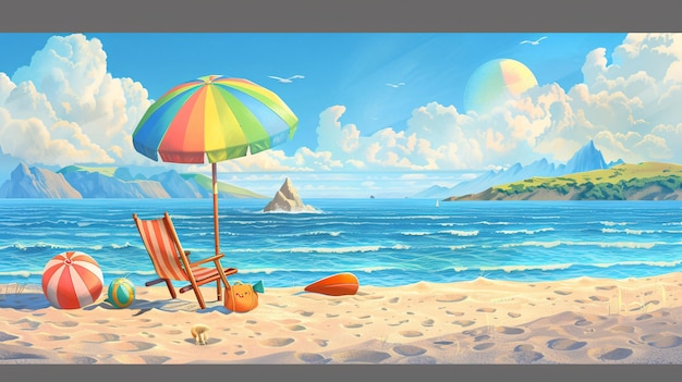 Highdetail cartoon illustration of a beach scene with a colorful umbrella a laidback chair a casual beach bag and a beach ball placed on sandy ground with a clear blue sea puffy clouds and