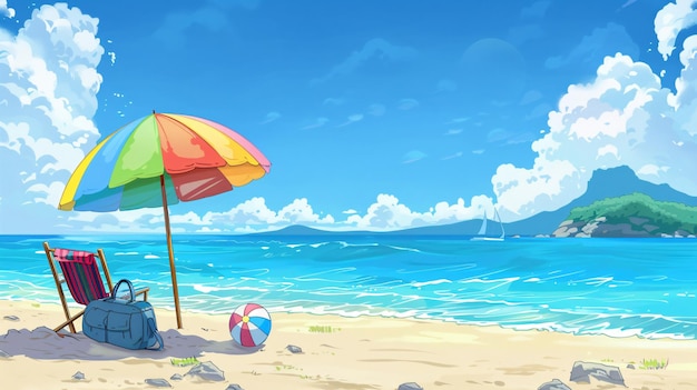 Highdetail cartoon illustration of a beach scene with a colorful umbrella a laidback chair a casual beach bag and a beach ball placed on sandy ground with a clear blue sea puffy clouds and