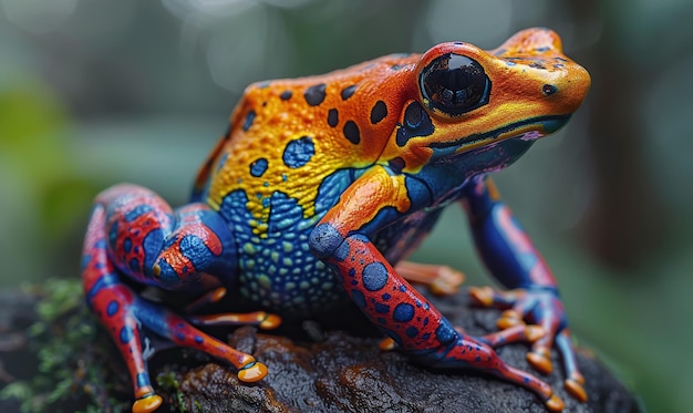 A highdetail macro shot captures a vividly colored frogs textured skin and striking eyes Generate Ai