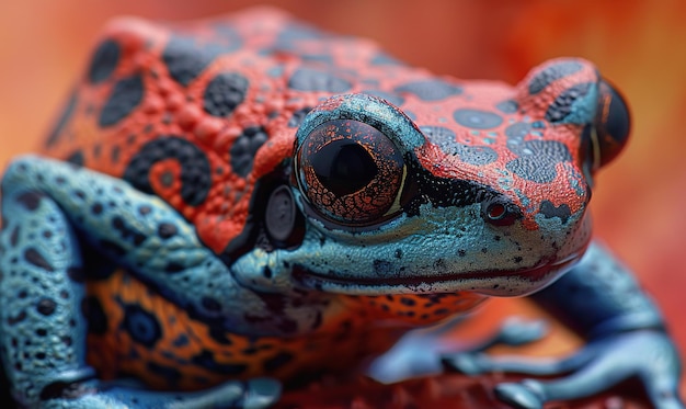 A highdetail macro shot captures a vividly colored frogs textured skin and striking eyes Generate Ai