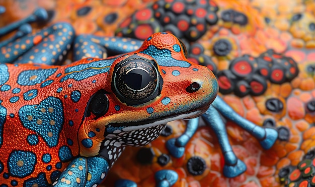 A highdetail macro shot captures a vividly colored frogs textured skin and striking eyes Generate Ai