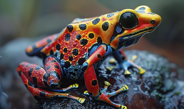 A highdetail macro shot captures a vividly colored frogs textured skin and striking eyes Generate Ai