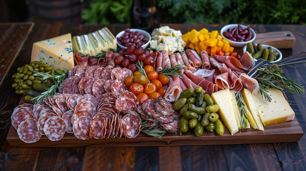 A highdetail shot of a gourmet charcuterie board with an assortment of cured meats cheeses and accompaniments