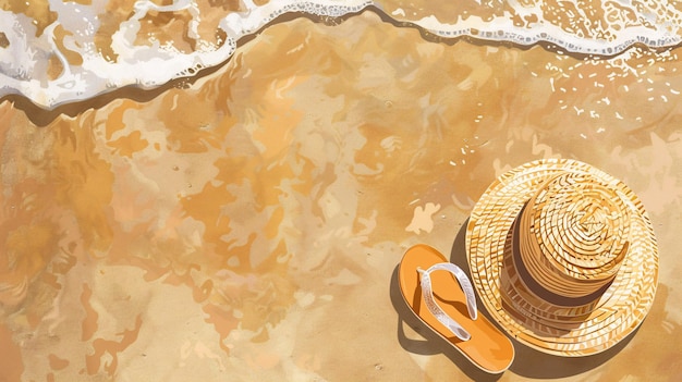 Highdetail vector illustration showing a pair of flip flops and a straw hat set against a sandy background from a top perspective ideal for a beach vacation concept with open copy space