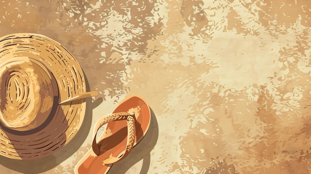 Highdetail vector illustration showing a pair of flip flops and a straw hat set against a sandy background from a top perspective ideal for a beach vacation concept with open copy space