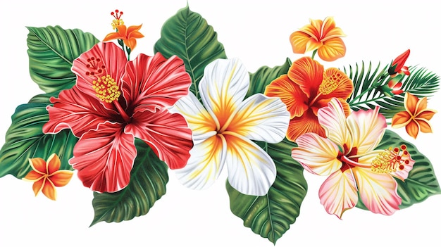 Highdetail vector illustration of a tropical decoration with bold hibiscus and plumeria blossoms showcasing intricate textures and vibrant colors on a pristine white background