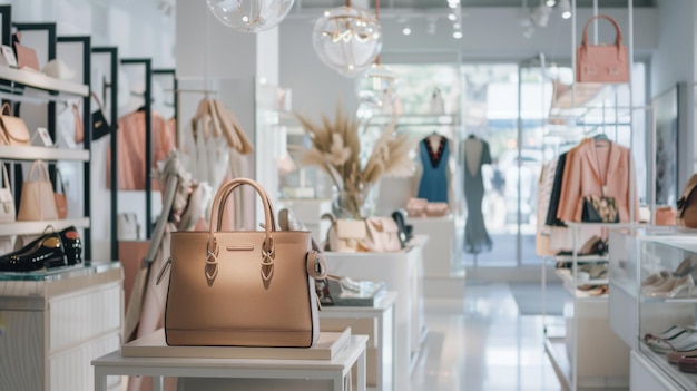 Photo a highend boutique store featuring a collection of handbags elegantly displayed in a bright modern setting