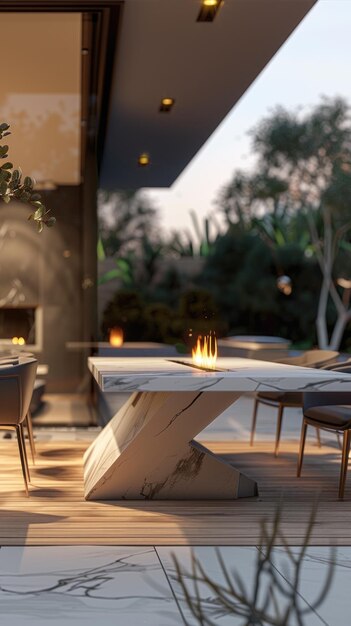 Photo a highend outdoor dining experience featuring a luxurious marbletop table with an angled marble plinth base and a mesmerizing gas fire feature