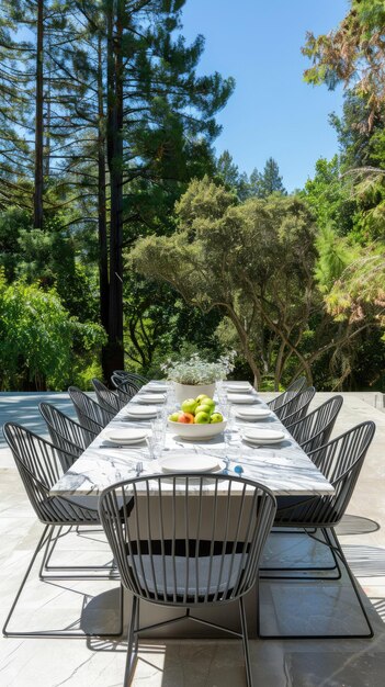 Photo a highend outdoor dining experience featuring a luxurious marbletop table with an angled marble plinth base and a mesmerizing gas fire feature