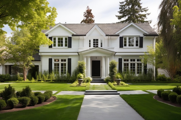 A highend pristine white residence with an immaculately manicured green yard