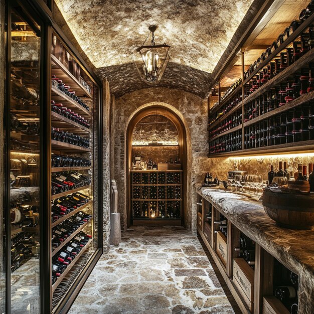 Photo a highend private wine cellar with racks of rare and vintage wines complemented by sophisticated t