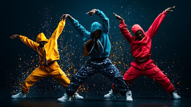 Photo highenergy dance performance multiethnic artists in vibrant streetwear blending movement and style