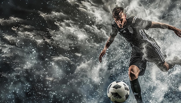 Photo highenergy soccer scene with player in motion and dusty atmosphere