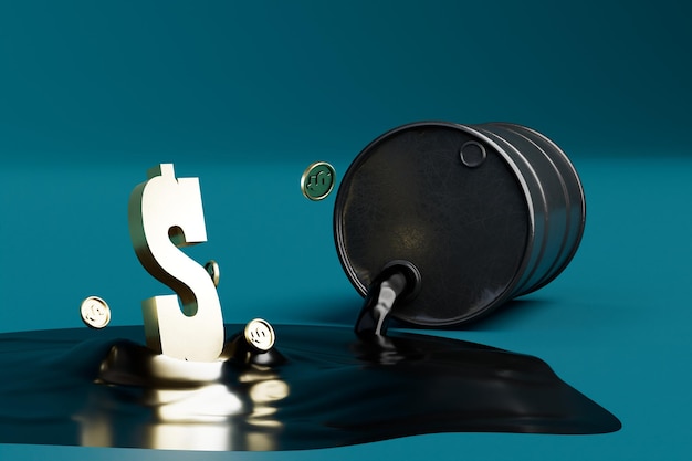 Higher oil prices a black barrel of spilled oil and dollar icons on a turquoise background 3D render