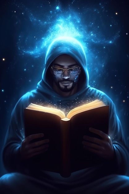 Higher self soul reading text on book which glow A man learns the truths of the universe communion with God