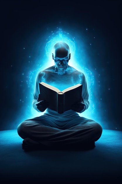 Higher self soul reading text on book which glow A man learns the truths of the universe communion with God