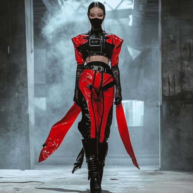 A highfashion runway look inspired by cyberpunk aesthetics