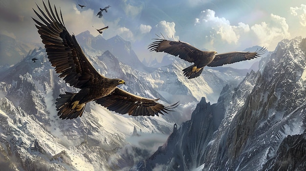 Highflying eagles over scenic mountain range aspect ratio 169