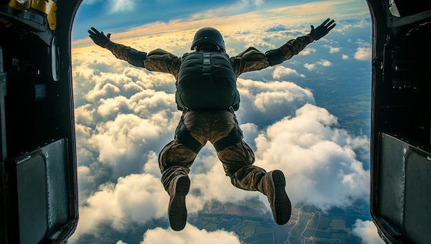 Photo highflying group of skydivers midjump against a clear blue sky showcasing excitement and teamwork