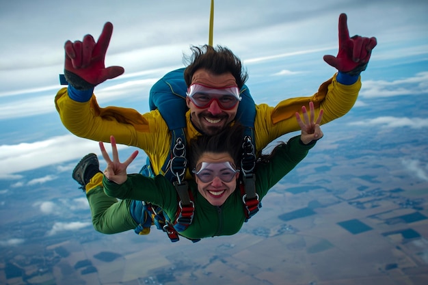 Photo highflying group of skydivers midjump against a clear blue sky showcasing excitement and teamwork