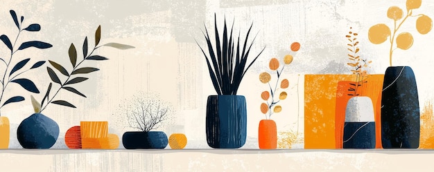 Photo highkey illustration of scandinavian decor with natural dried plants and minimalist ceramic vases