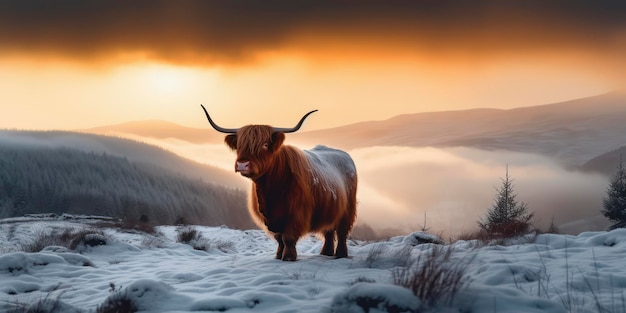 A highland cow stands in the snow with the sun setting behind it.