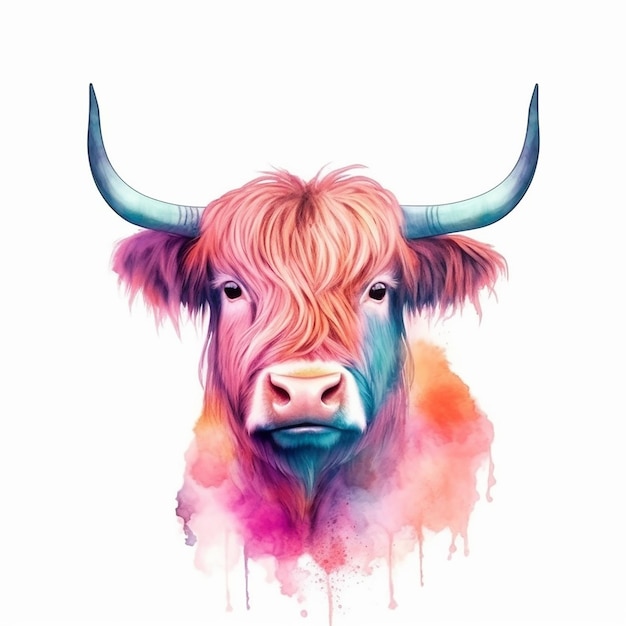 Highland cow with a horn and a rainbow colored background.