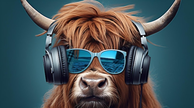 Highland cow or yak wearing blue headphones and sung