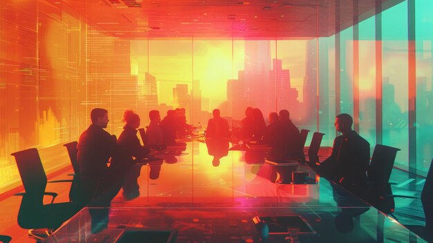 Highlevel business meeting on Bitcoin exchange sleek boardroom top view focusing on transaction details cybernetic tone Triadic Color Scheme