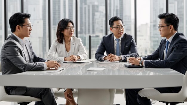 Highlight the collaboration and leadership dynamics within an Asian business team as three key figur