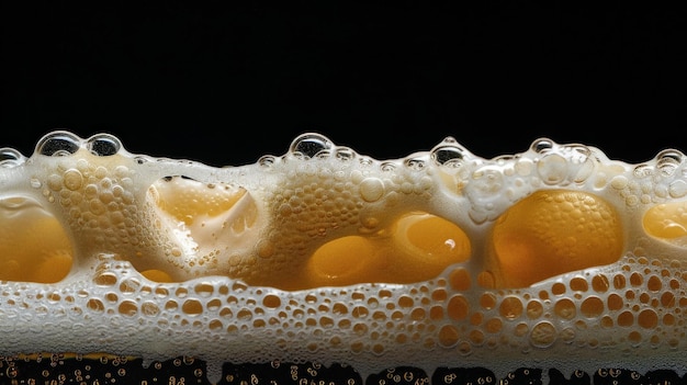 Photo highlight the layers of beer foam with a closeup shot set against a black background to enhance the texture and depth of the foam