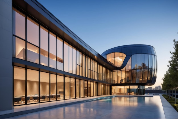 Highlight modern architectures elegance with emphasizing sleek lines geometric windows