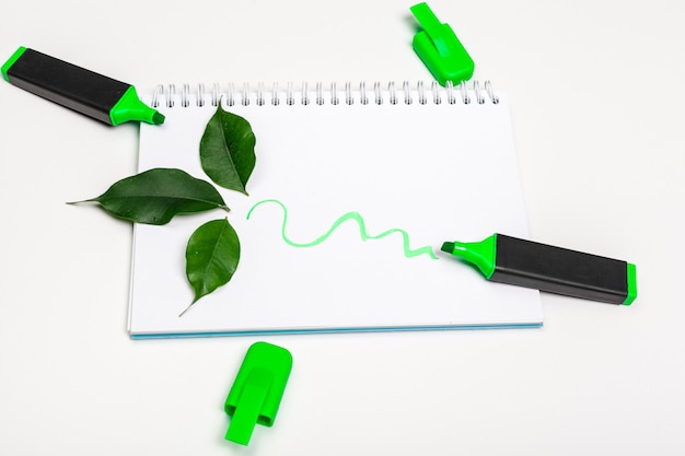 highlighters and  blank notepad paper sheet flat lay on a desk