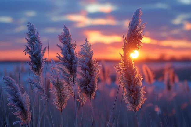 Highlighting close up of tall grass in the foreground sunset sky in background shallow depth of fi