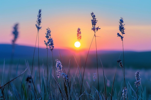 Highlighting close up of tall grass in the foreground sunset sky in background shallow depth of fi