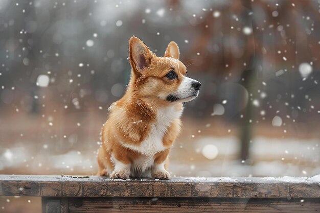 Highlighting a cute corgi puppy sits on the bench in winter with snow falling outside it is a high