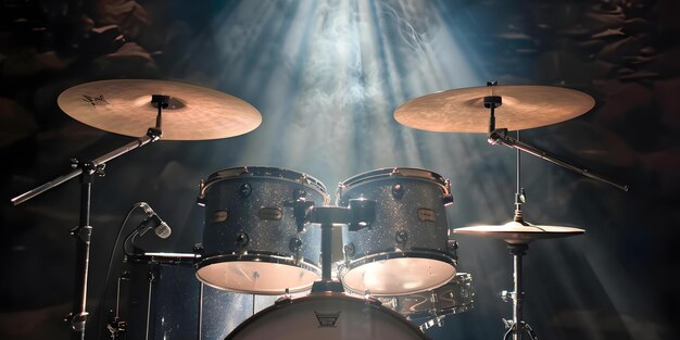 Photo highlighting the drum set on stage in a jazz band with a dark backdrop concept jazz band performance drum set spotlight dark stage backdrop