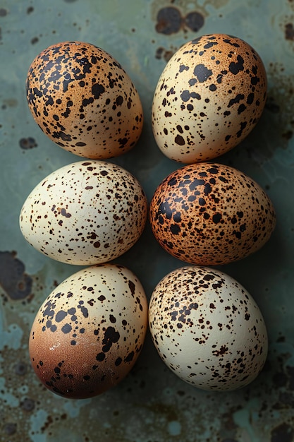 Photo highlighting a flat lay of six quail eggs arranged in a row on an isolated background showcasing th