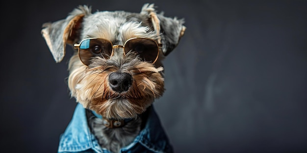 Highlighting retro style photography of a schnauzer dog wearing sunglasses and a blue shirt with st