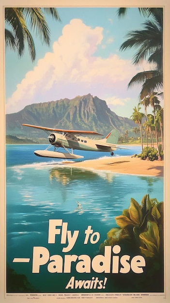 Photo highly detailed 1930s air travel poster for hawaii