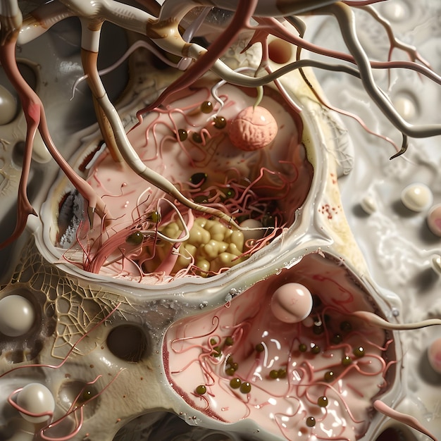 Highly detailed 3D render of an adipocyte cell undergoing lipogenesisthe metabolic process