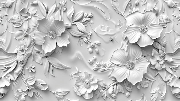 a highly detailed 3D representation of elegant spring florals in a white color scheme SEAMLESS PATTERN