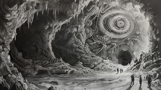 Photo highly detailed black and white ink drawing of underground cave walkway