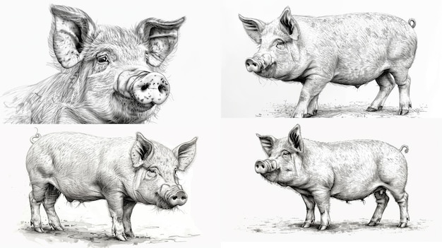 Highly detailed black and white pencil sketch of a domestic pig standing on the ground