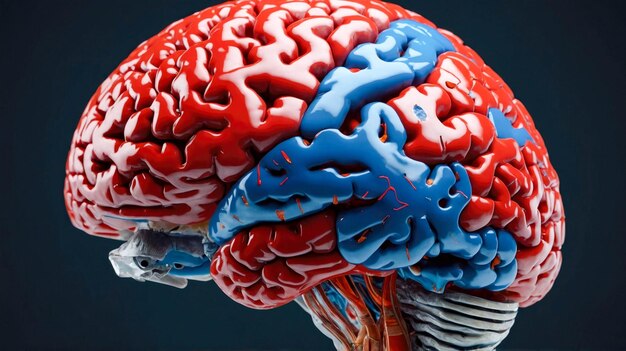 highly detailed brain with blue and red sections surrounded by intricate vascular structures