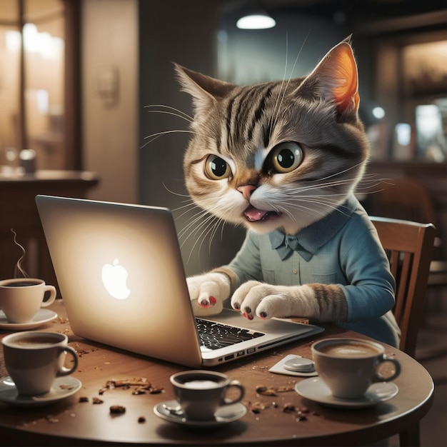 A highly detailed cat working on laptop