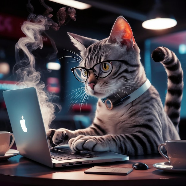 A highly detailed cat working on laptop