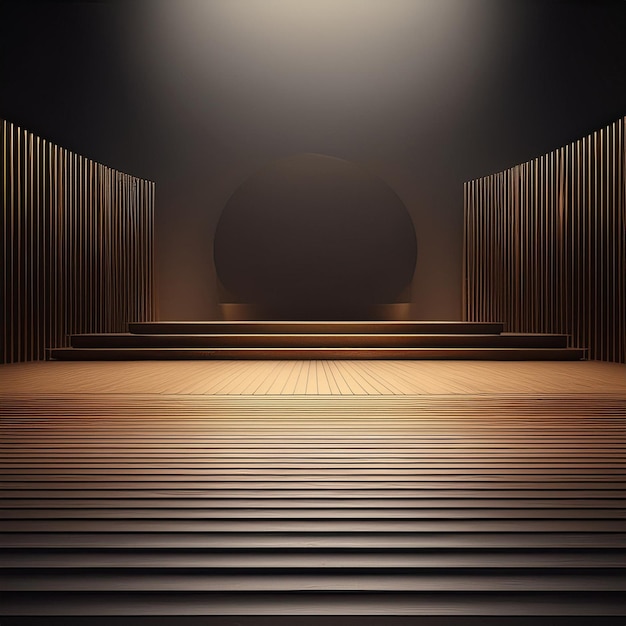 Highly detailed CGI of an unoccupied stage platform viewed headon set against