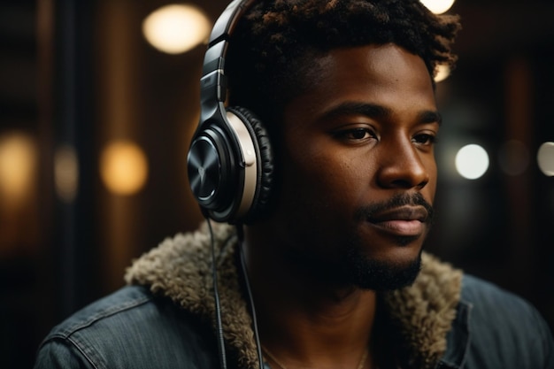 highly detailed closeup portrait of attractive young african man wearing black jacket looking at camera with